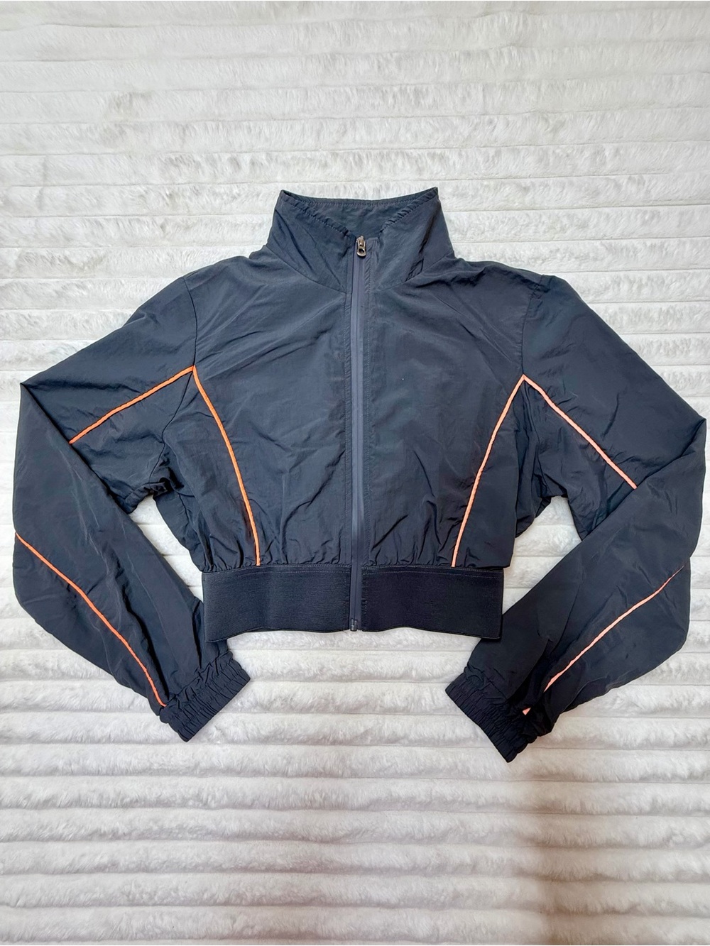 Fashion Nova Black Cropped Bomber Jacket with Orange Piping